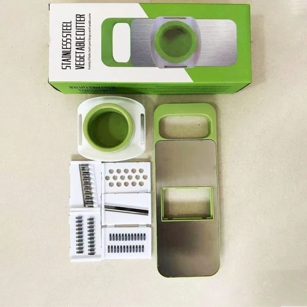 5 in 1 Stainless Steel Vegetable Cutter & Mandoline Slicer with Box – Multi-Function Food Grater, Peeler & Slicer Tool for Kitchen Use